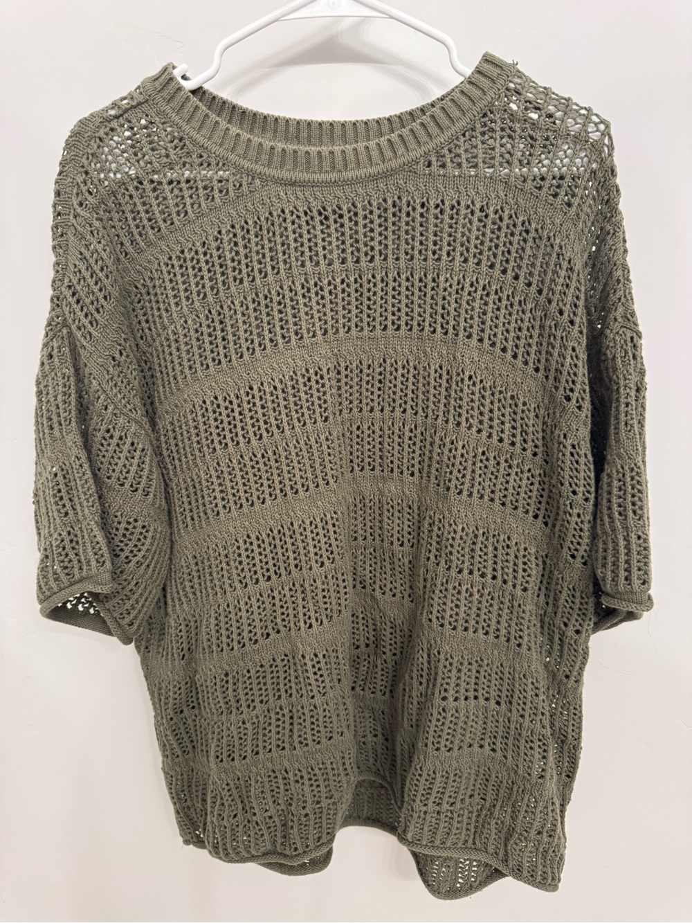 aerie Olive Open-Knit Short Sleeve Crew Sweater